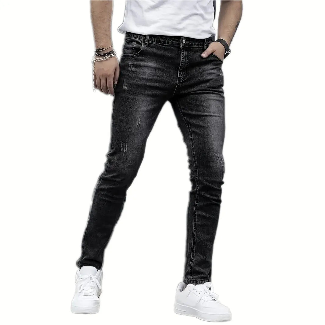 Men's slim straight stretch jeans in black cotton fabric with mid-waist and zipper fly