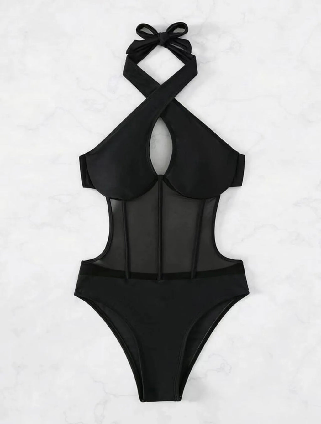 Women's black one-piece swimsuit with 80% nylon 20% spandex fabric composition