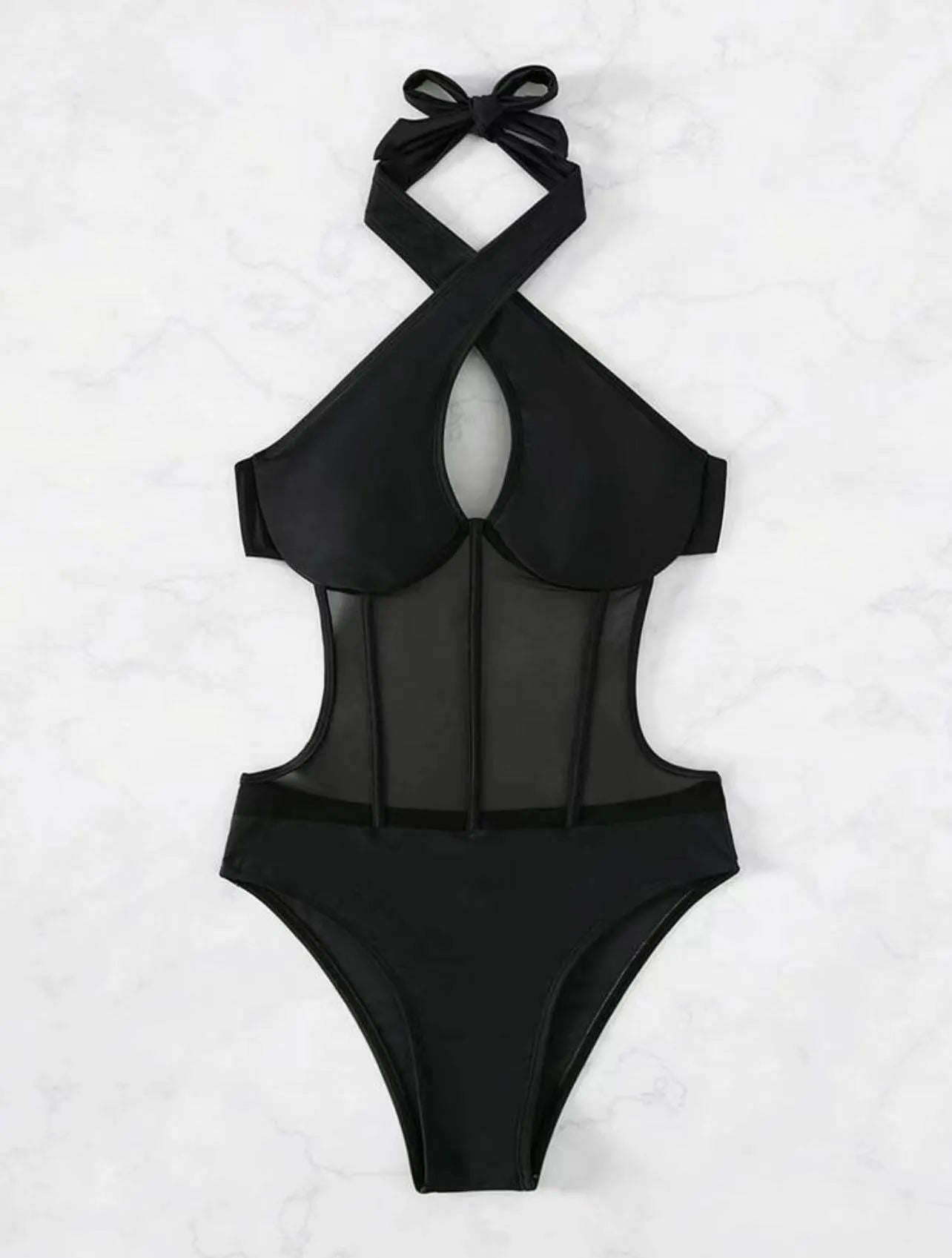 Women's black one-piece swimsuit with 80% nylon 20% spandex fabric composition