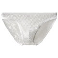 Men's low waist transparent lace underwear in white on a mannequin, showing the breathable fabric texture.