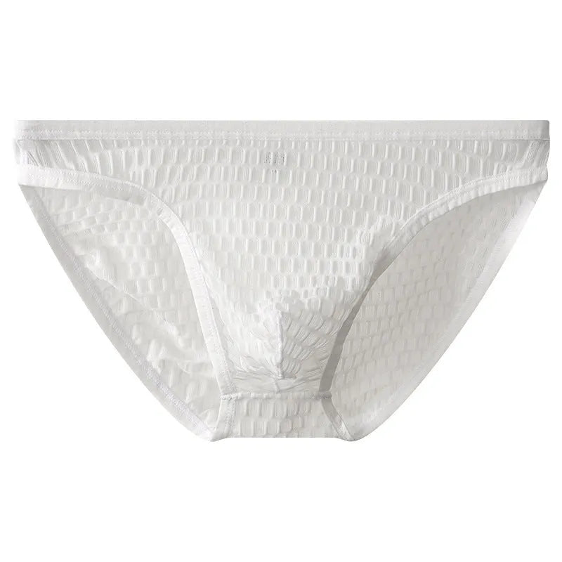 Men's low waist transparent lace underwear in white on a mannequin, showing the breathable fabric texture.