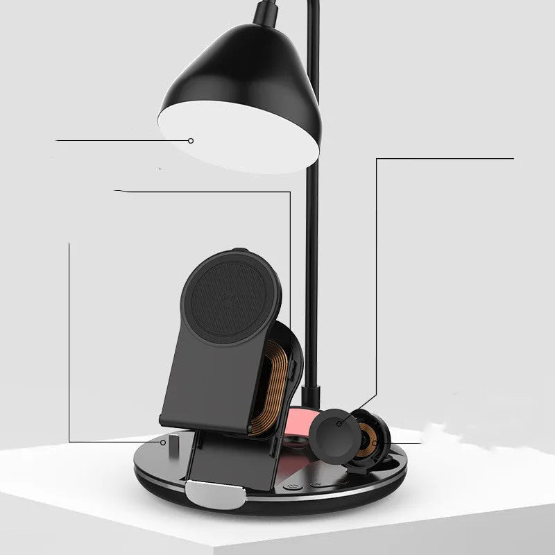 Black and white magnetic folding wireless charger shown open for charging and folded for storage.