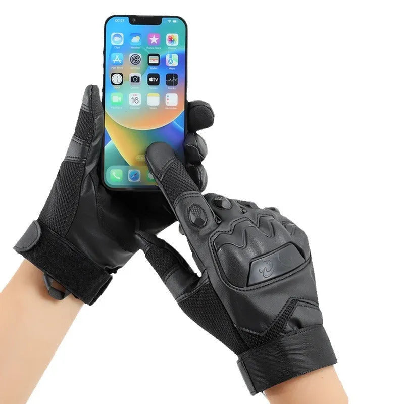Men's black full finger tactical gloves with touchscreen pads on fingers, shown in sizes M, L, XL.