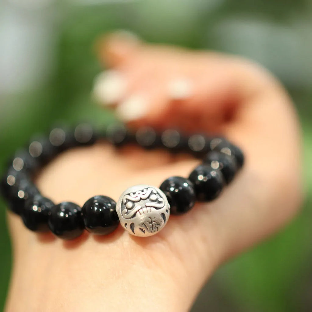 Black agate bracelet with 10mm beads and sterling silver clasp, Chinese-style handcrafted jewellery