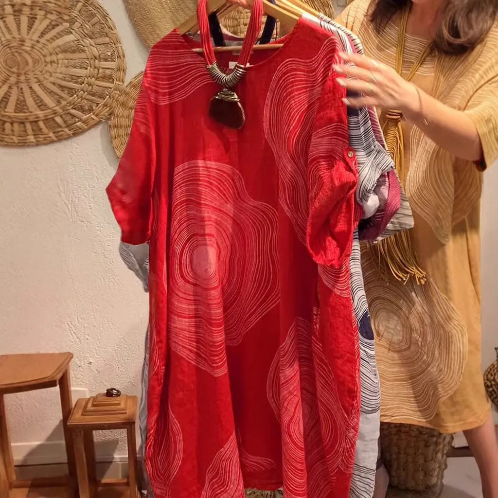Women's round neck abstract print A-line dress with mid waist, polyester fabric, sizes S-3XL, in red white Burgundy apricot light green orange