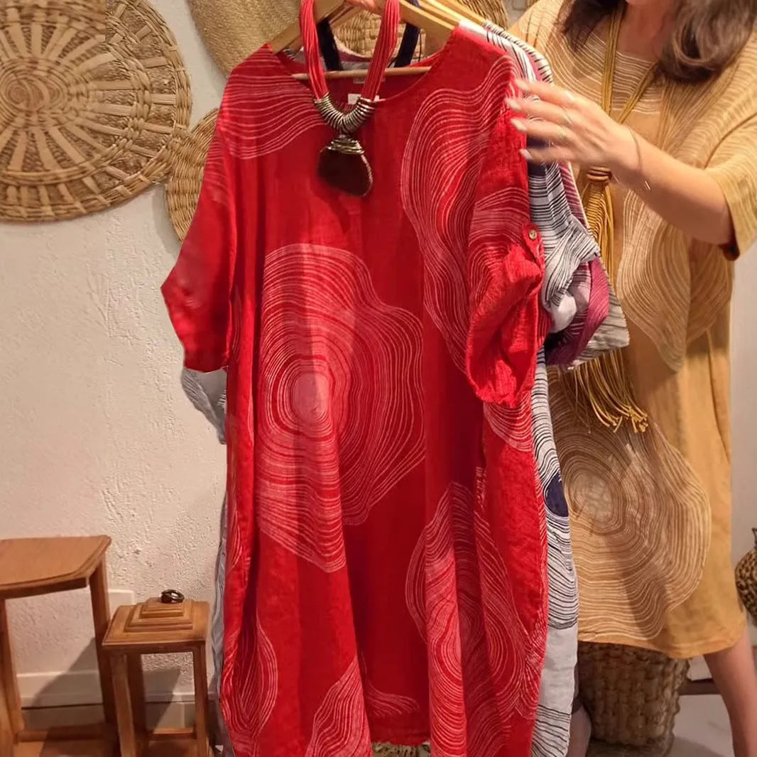 Women's round neck abstract print A-line dress with mid waist, polyester fabric, sizes S-3XL, in red white Burgundy apricot light green orange