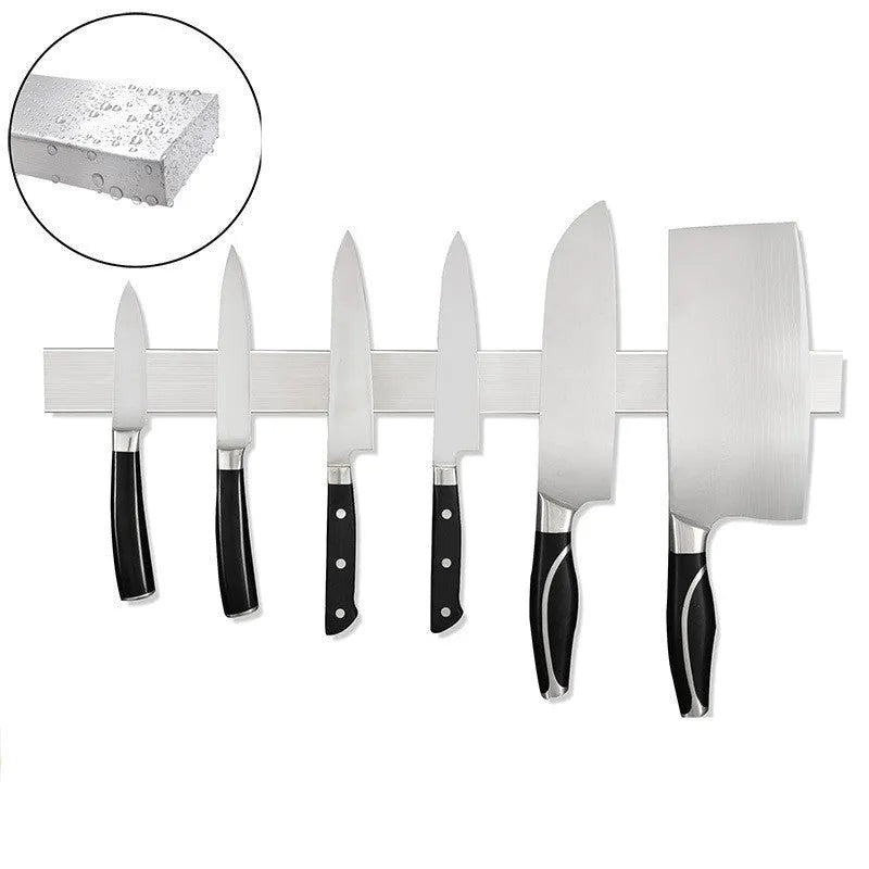 Stainless steel wall-mounted magnetic knife storage rack with multiple size options from 300mm to 600mm length