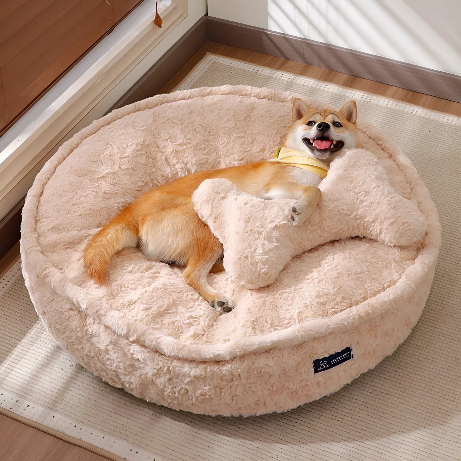 Round nest style pet bed with removable cover in milk tea colour