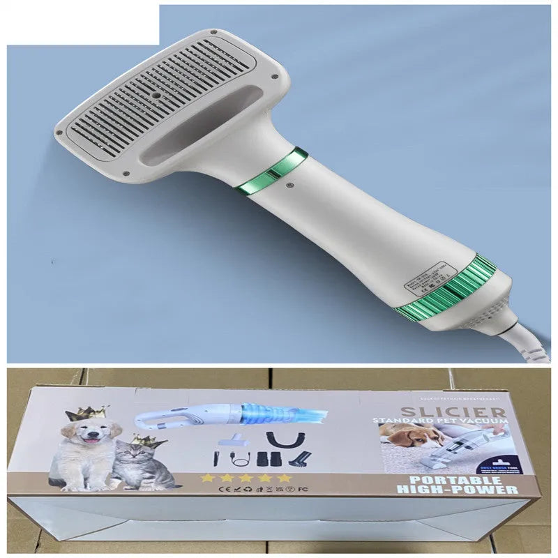 Colour options of a handheld pet hair dryer for dogs and cats on a table.