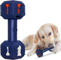 Dumbbell-shaped dog chew toy in black or blue with 3D particles on surface, hollow ends for treats