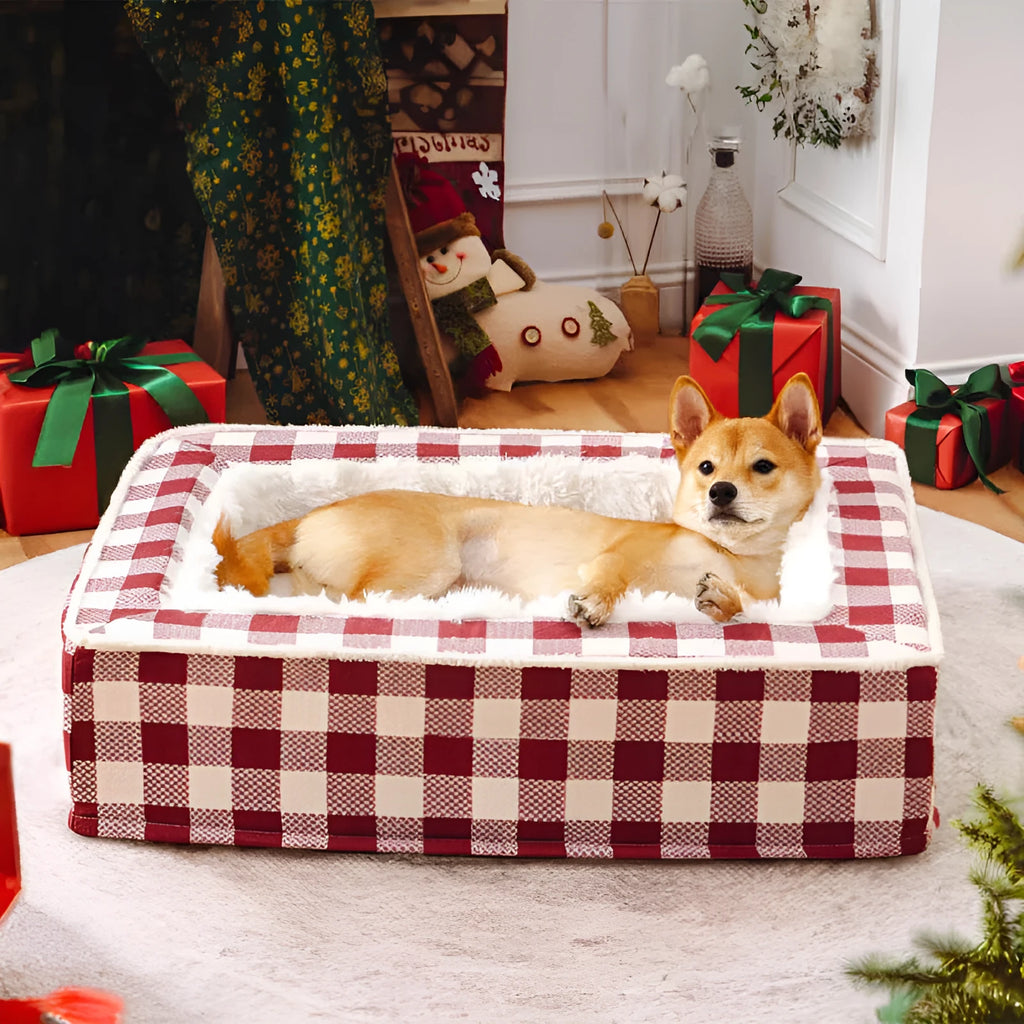 Classic plaid dog kennel mat with removable cloth cover in red, blue, black, or brown.