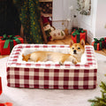 Classic plaid dog kennel mat with removable cloth cover in red, blue, black, or brown.