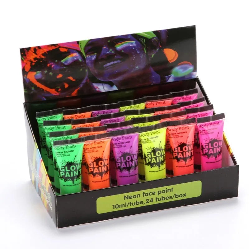 25ml tubes of neon face and body paint in six colours: red, yellow, green, purple, orange, pink