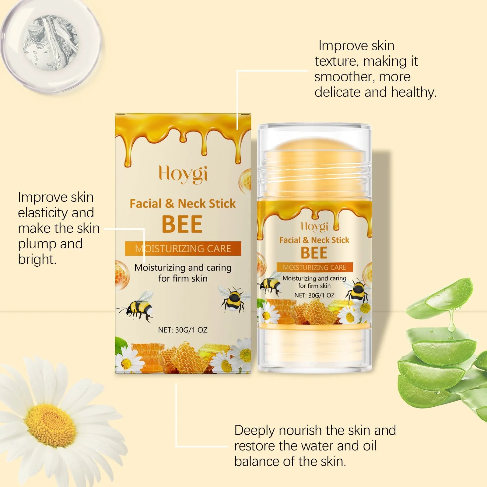 30g moisturising facial essence stick with beeswax and natural extracts including chamomile and aloe vera