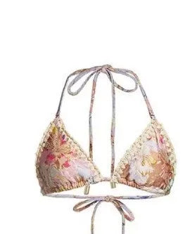 Women's floral bikini suit with skirt in creamy-white nylon for beach swimming