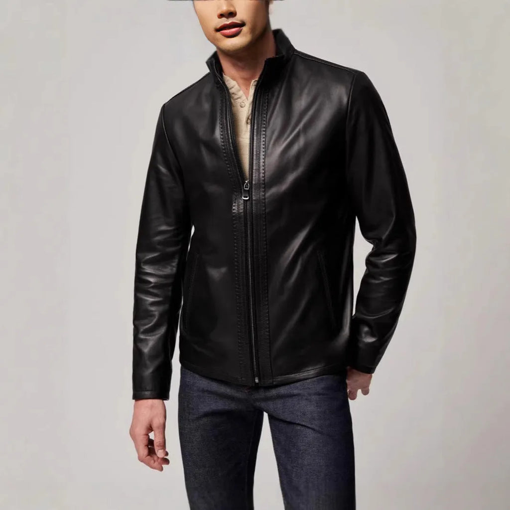 Men's black retro-style leather-look jacket with long sleeves and a straight hem