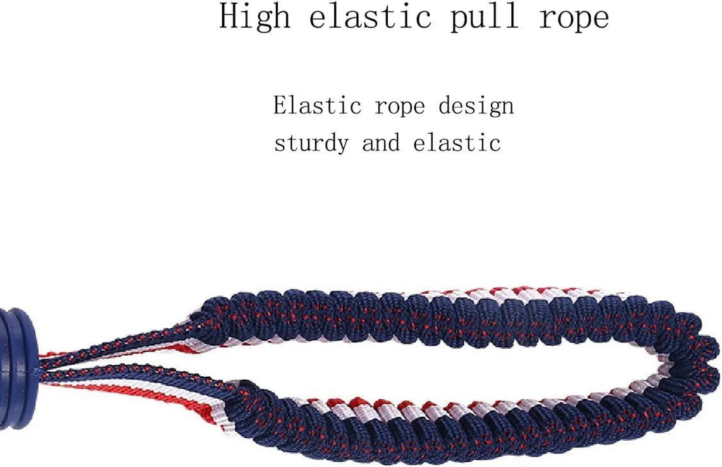 Blue dog ball with rope toy showing 6.5cm rubber ball and 29cm rope for dental cleaning and tugging games