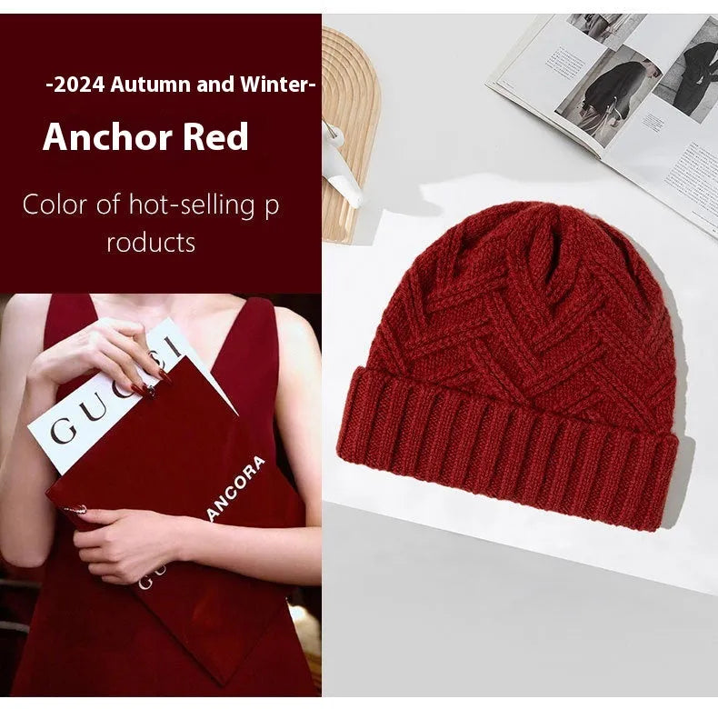 Wool knitted hat with dome crown in totem pattern, shown in ankela red colour