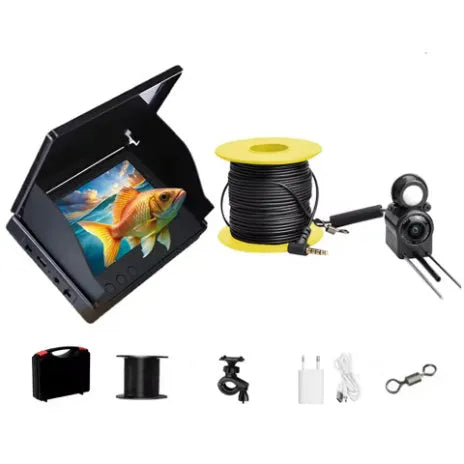 Fish finder underwater HD camera with 4.3-inch screen, wide angle lens, and temperature sensing on a fishing boat