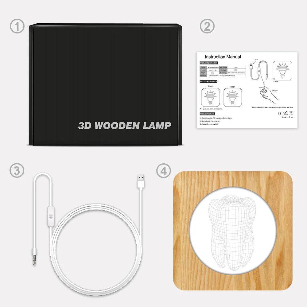 Tooth-shaped wood colour night lamp with USB cable on wooden surface