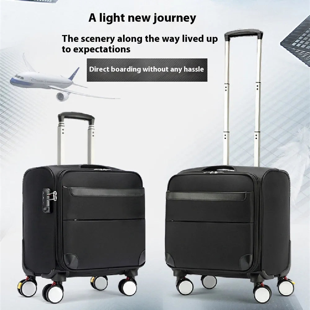 Black 18-inch business luggage with retractable handle and universal wheels made from waterproof Oxford cloth