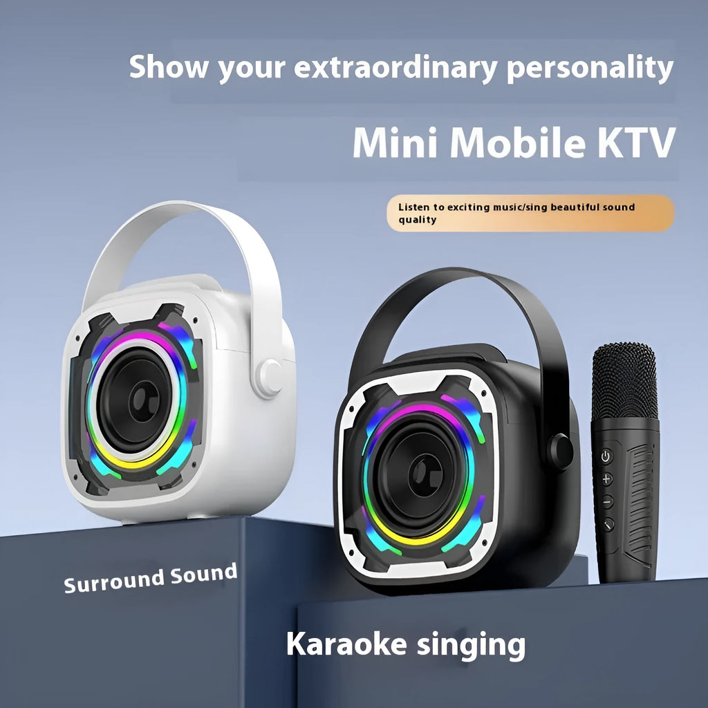Portable wireless Bluetooth karaoke speaker in V11 Black colour with integrated microphone.