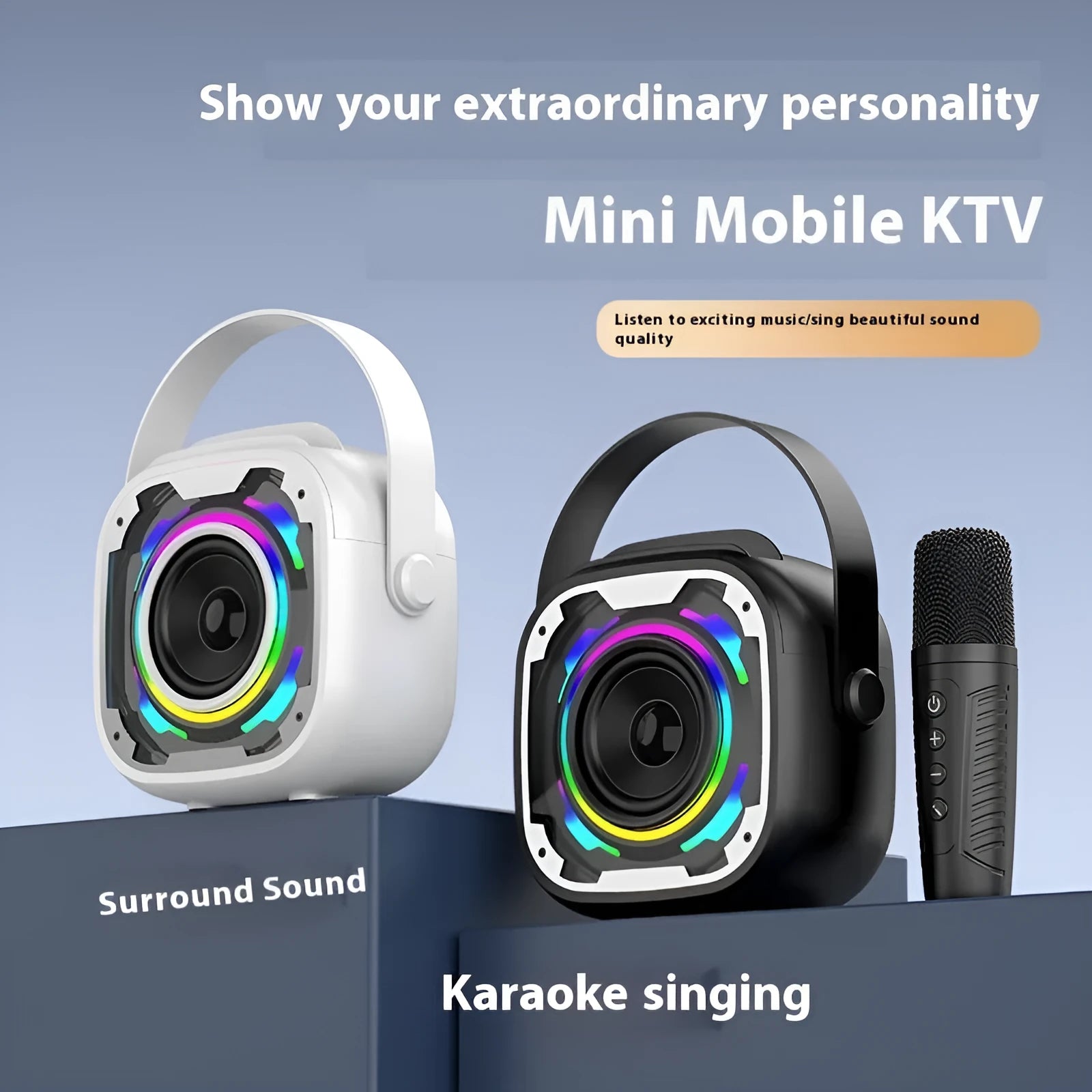 Portable wireless Bluetooth karaoke speaker in V11 Black colour with integrated microphone.
