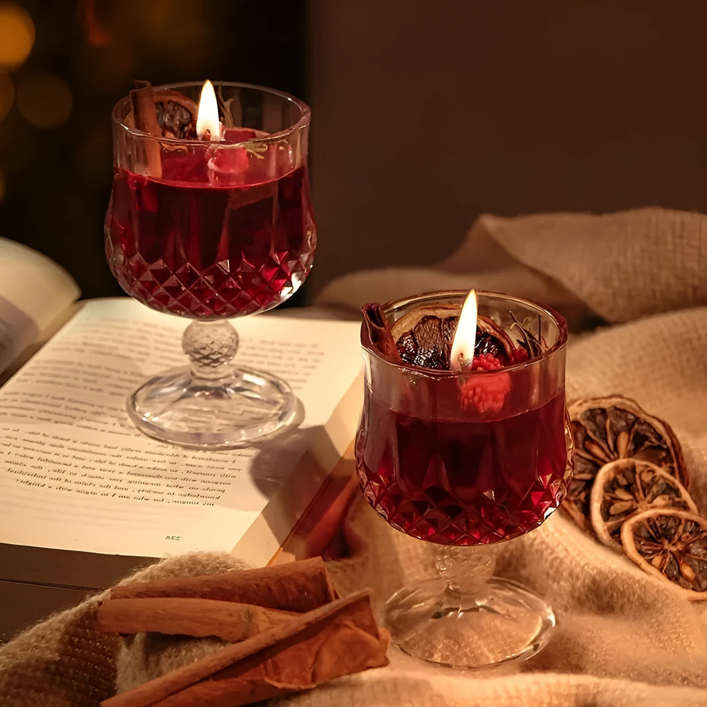Glass wine goblet scented candle with crystal-style design and French mulled wine fragrance