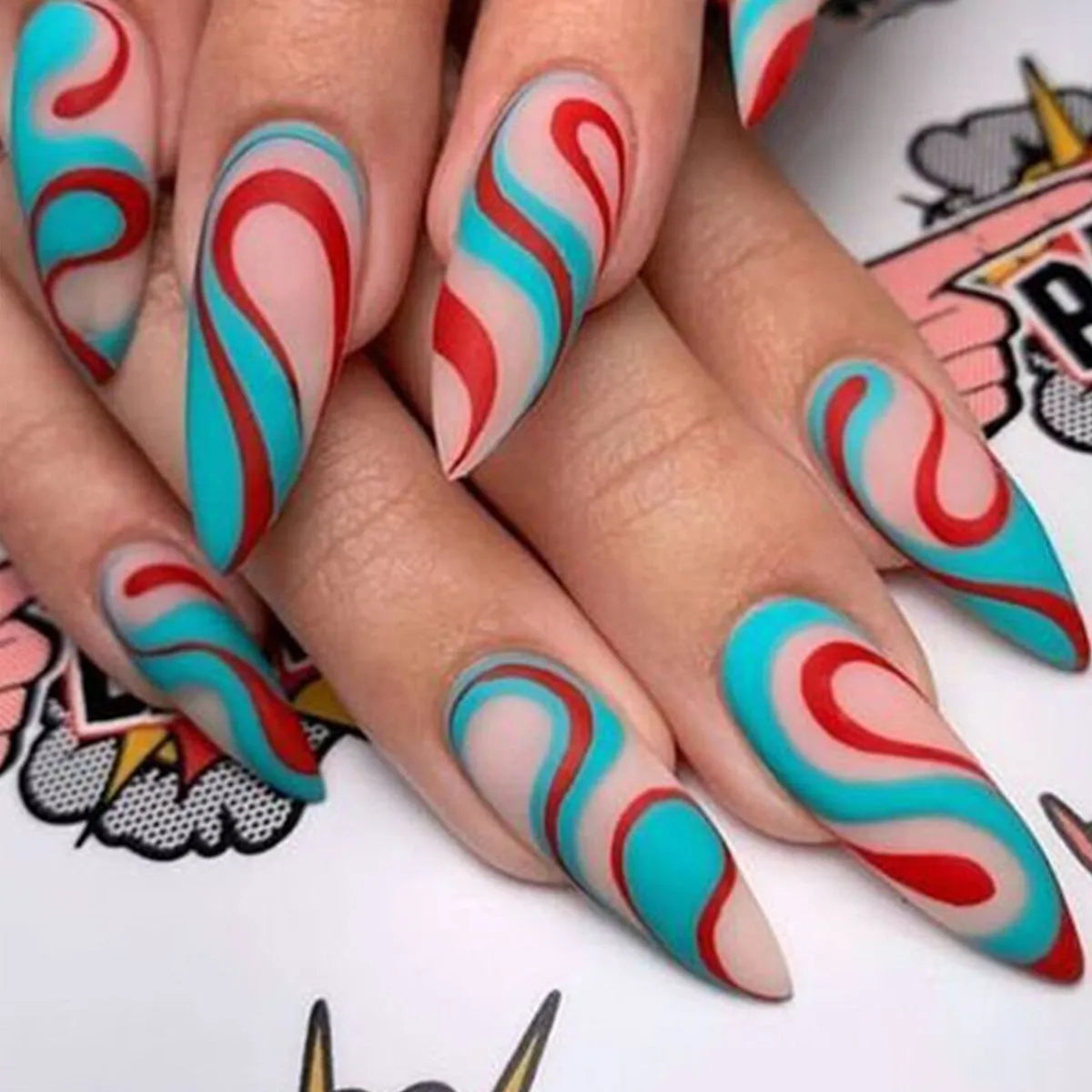 Almond-shaped artificial nail stickers showing plaid patterns, gradient designs, and colourful French ripple effects