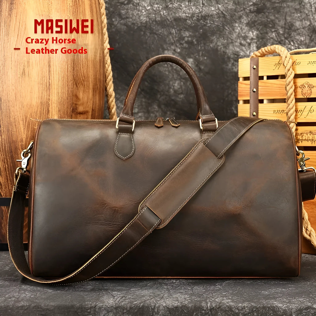Large vintage-style genuine leather crossbody bag for men in black, shown with dimensions.