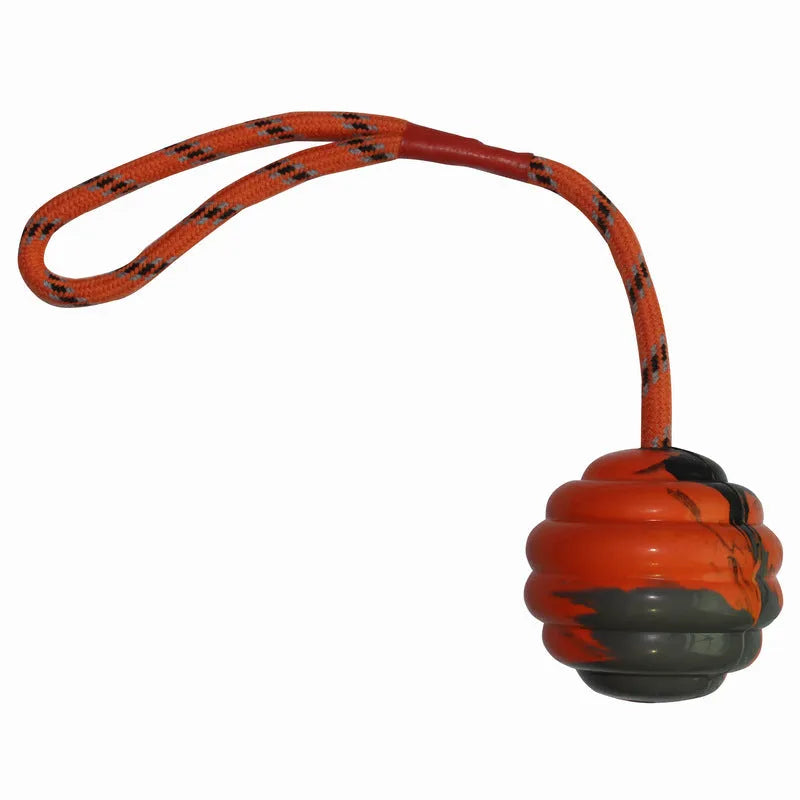 Multi-colour rubber dog toy ball with rope knot design measuring 6x30cm