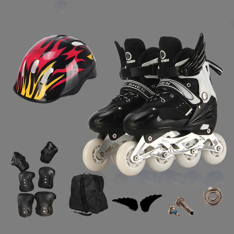 Adjustable children's roller skates with aluminium frame in yellow, red, blue, black, or pink with protective gear