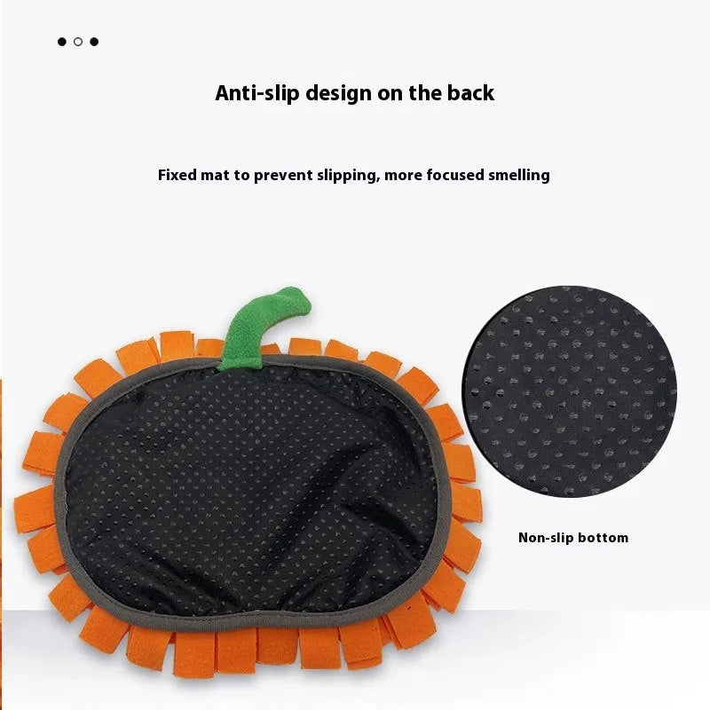 Orange pumpkin-shaped polar fleece pet lick mat for slow feeding and dog training.