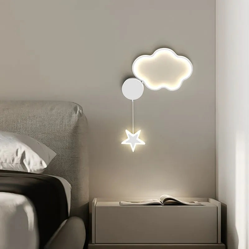 Five-pointed star shaped children's bedside wall lamp with cloud and star motifs in black finish