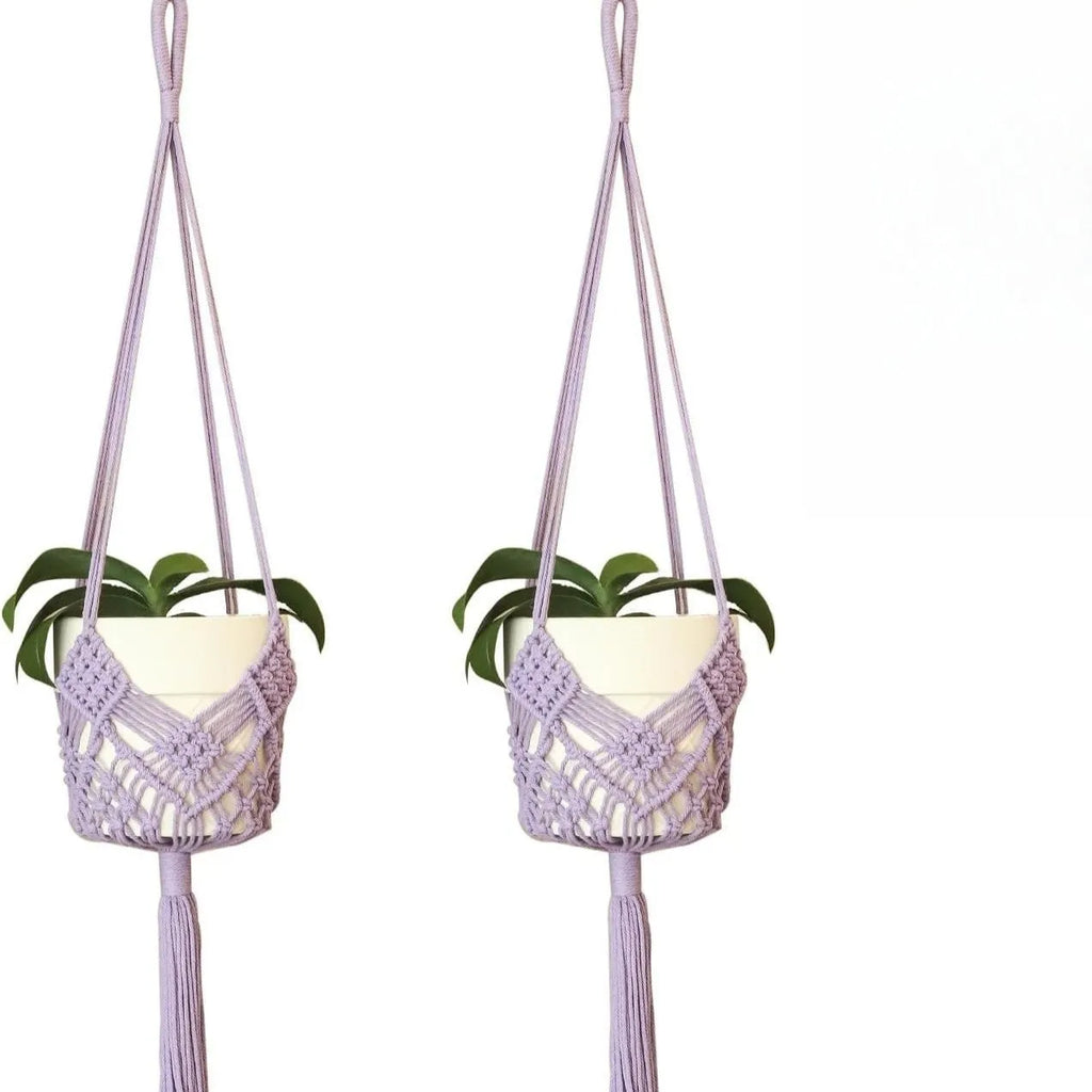 Hand-woven polyester cotton flower pot in brown with net pocket extension cord, approximately 30cm diameter.