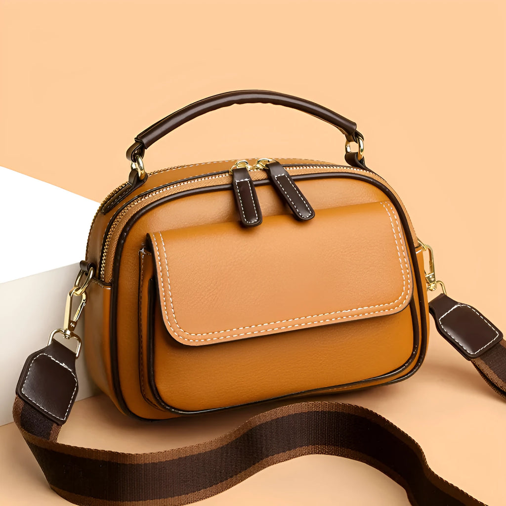 Women's square cross-body shoulder bag in black, green, or orange with double shoulder straps