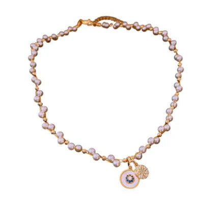 Gold electroplated women's necklace with zircon pearl pendant on adjustable 41-50cm clavicle chain