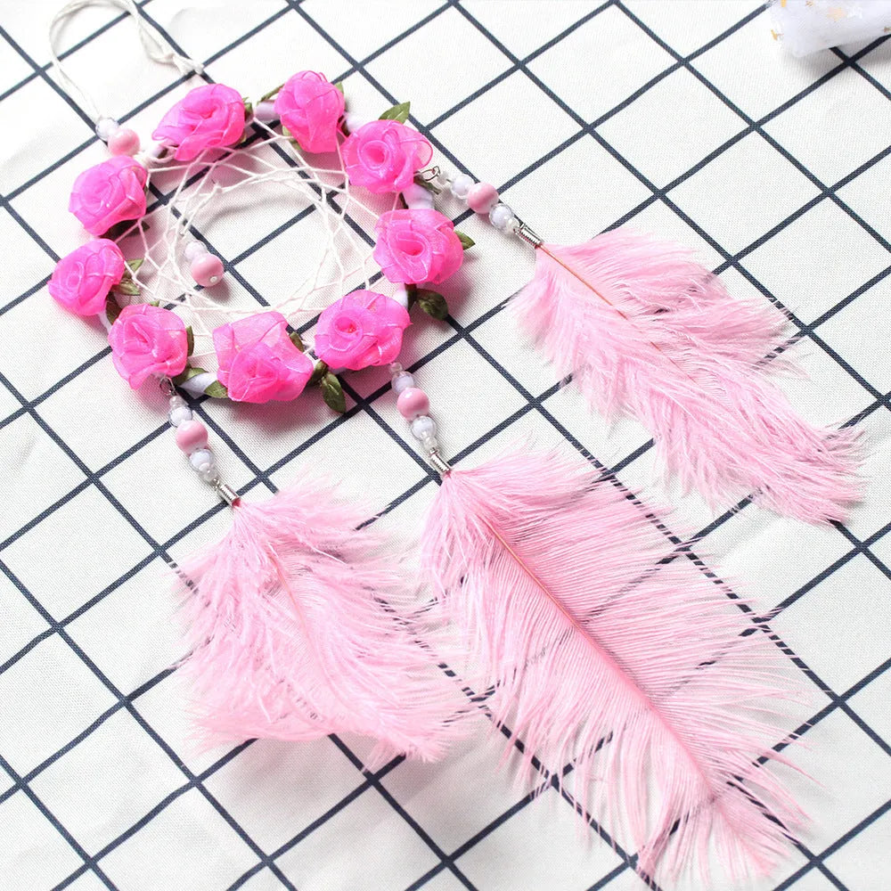 Pink ostrich feather dreamcatcher wind chimes wall decoration measuring 10cm