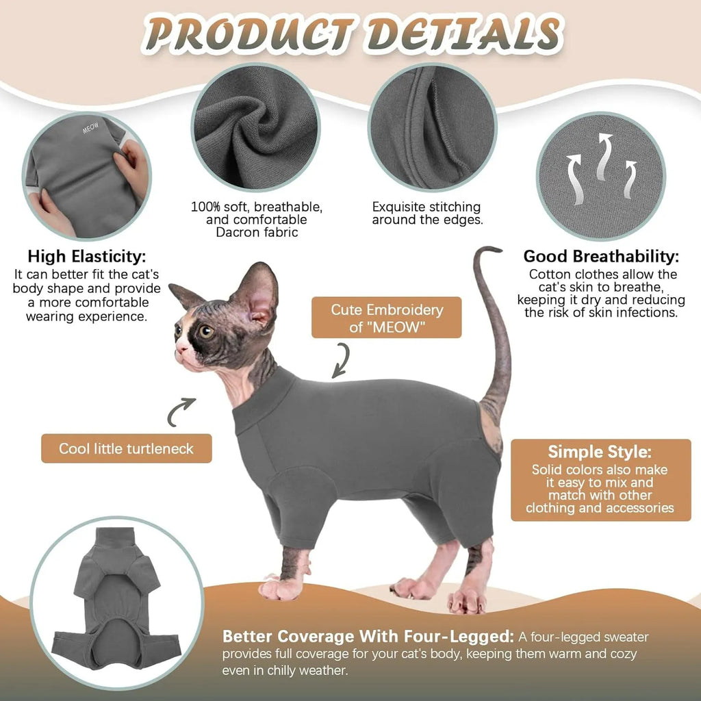 A grey turtleneck sweater for a Sphynx cat, showing the sleeves, leg holes, and pullover design.