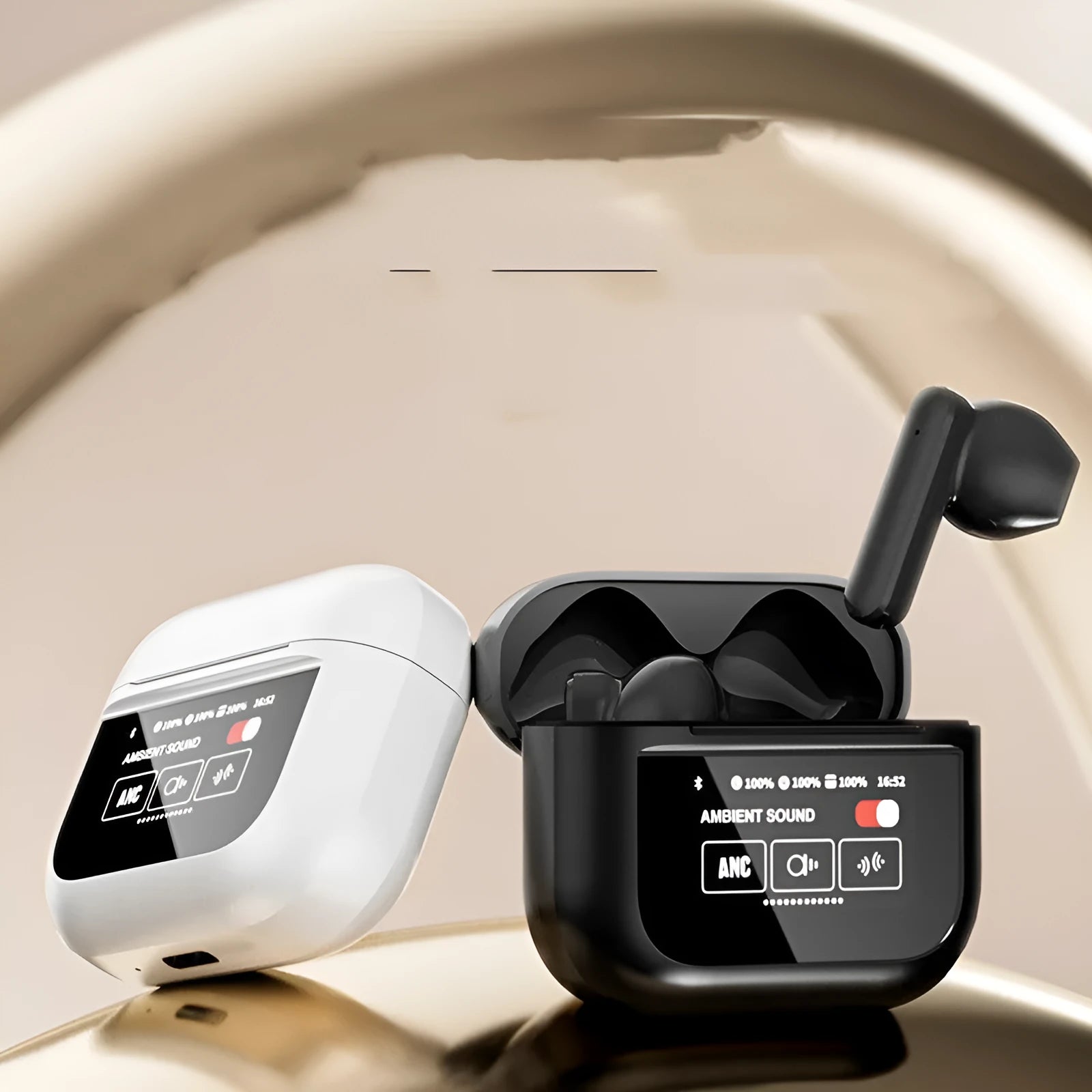 YX28 black Bluetooth headset with touch screen display and ear hook design shown from side angle