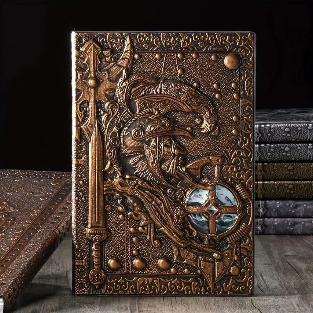 Creative Retro 3D Warriors Relief A5 Notebook with leather cover, showing embossed design and 21.5x14.5cm size