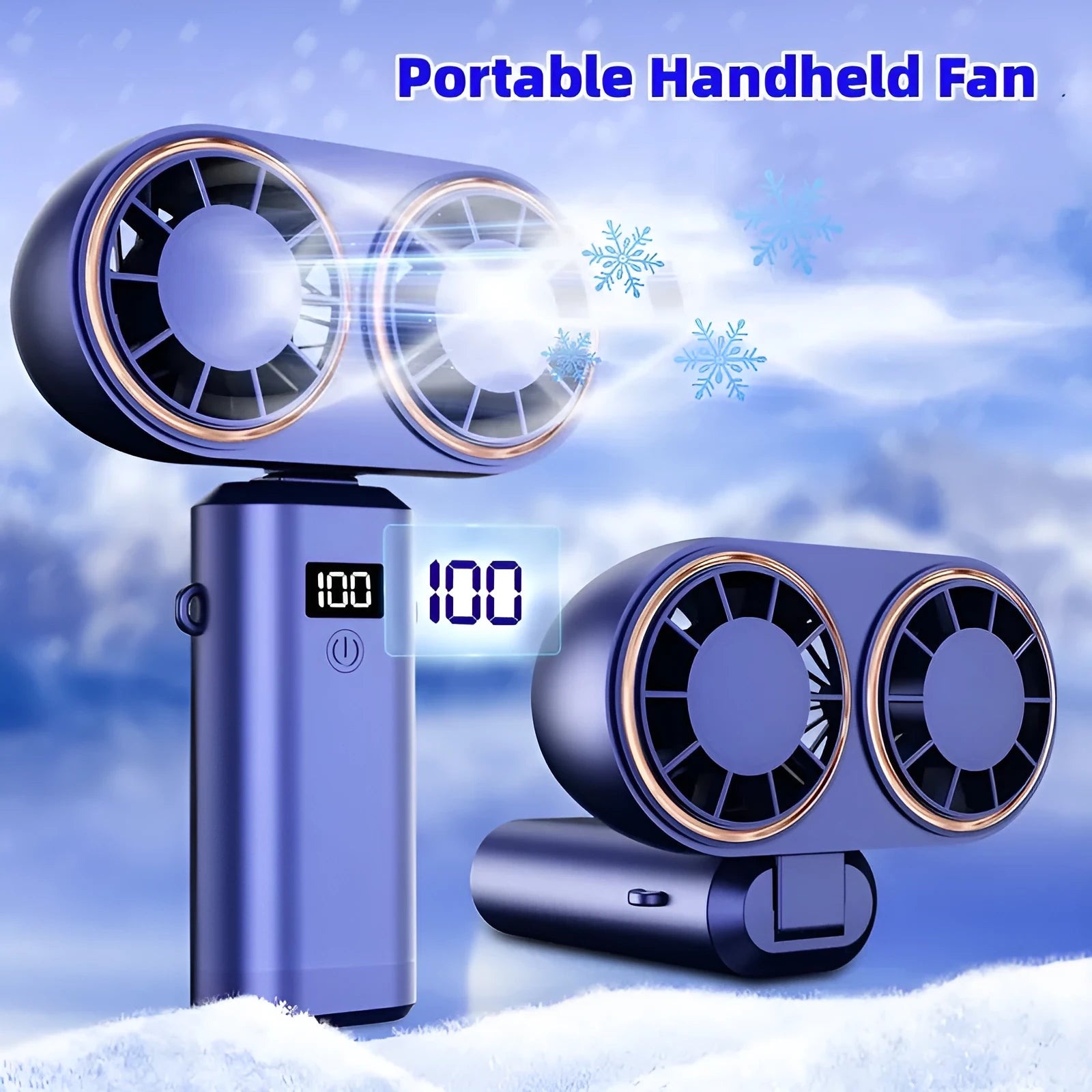 Handheld mini fan with folding neck strap and digital display in milky white colour