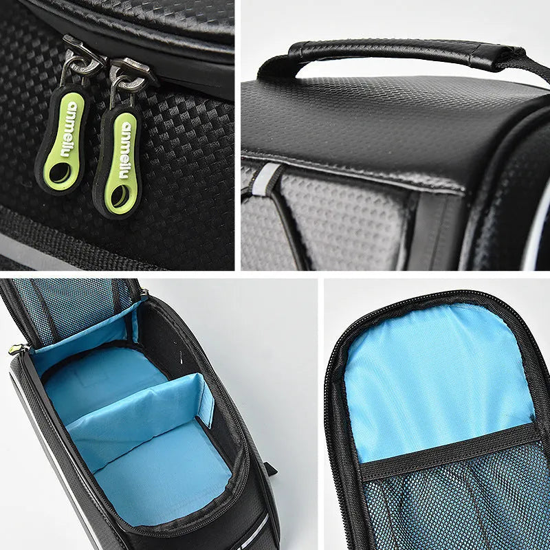 Black waterproof bicycle rear rack bag with 8-litre capacity on bike rack