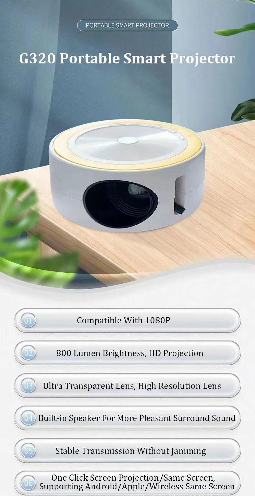 YT200 portable LED projector in black, white, blue and white, or yellow and white colour options