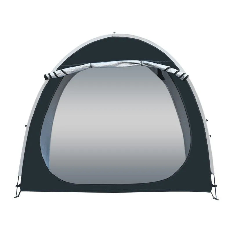 Black outdoor bicycle storage tent showing roof-style design suitable for 2-3 bicycles