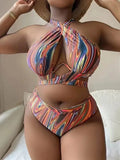 Women's floral print high waist bikini swimsuit on a hanger