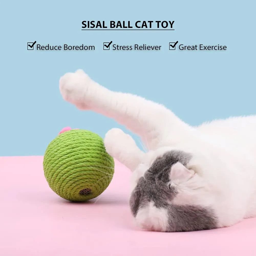 Green tumbler cactus cat scratcher with natural sisal surfaces and integrated ball toy