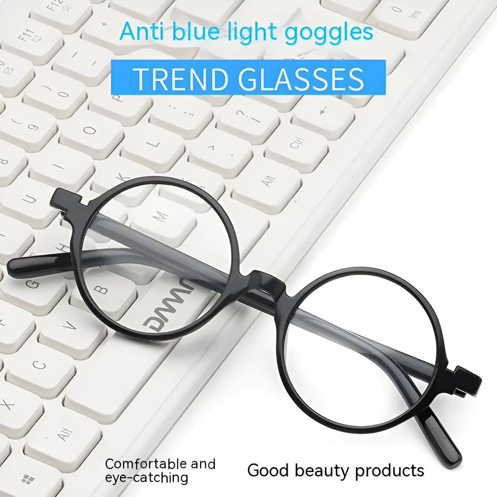 Retro round flat mirror glasses in bright black, sand black, tofu pudding, and transparent grey PC frames