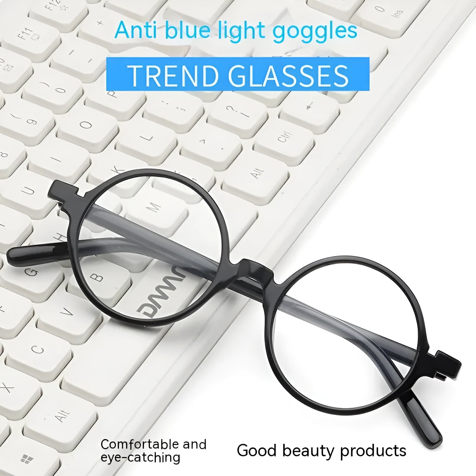 Retro round flat mirror glasses in bright black, sand black, tofu pudding, and transparent grey PC frames