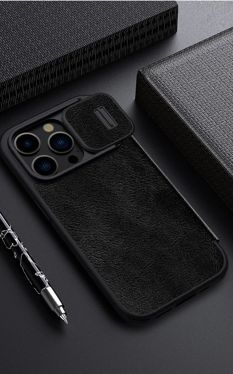 Imitation leather flip phone case for iPhone 15 and iPhone 14 Pro Max in black, brown, or red.